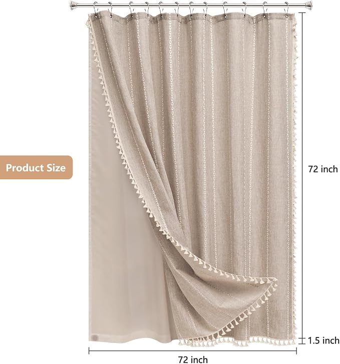 Seenus Boho Farmhouse Shower Curtain and Fabric Liner Set, Heavyweight Linen Textured Fabric Shower Curtain Taupe with Tassels, 2 in 1 Waterproof Fabric Shower Curtain Set for Bathroom, 72x72 Inch