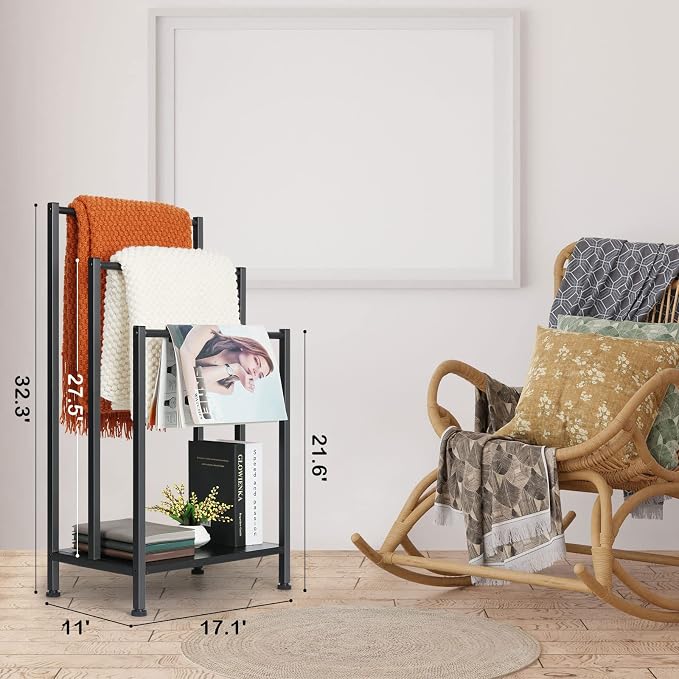 Free Standing Blanket Ladder Holder Rack, 3 Tier Black Metal Towel Racks Stand with Wooden Storage Shelf, Multipurpose Towel Drying Holder stand for Bath & Blanket, Washcloths, Tub or Shower Organizer