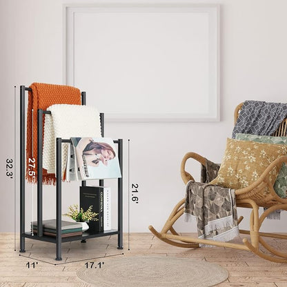 Free Standing Blanket Ladder Holder Rack, 3 Tier Black Metal Towel Racks Stand with Wooden Storage Shelf, Multipurpose Towel Drying Holder stand for Bath & Blanket, Washcloths, Tub or Shower Organizer