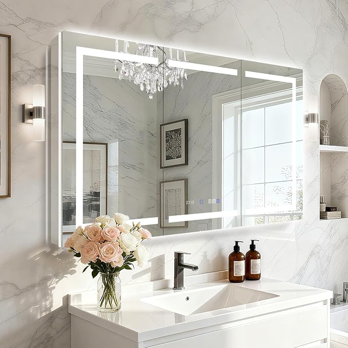 60"x36" Smart LED Medicine Cabinet with Mirror - Triple Door Bathroom Storage, Anti-Fog Technology, 3-Color Stepless Dimming, 5X Magnifier, Night Light, Soft-Close Hinges