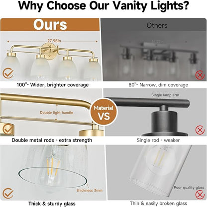 28 Inch Mid-Century Modern Vanity Lights, 4-Light Golden Bathroom Light Fixture with Frosted White Bell Shades, Industrial Wall Sconce for Mirror Over Vanity, Bedroom, Hallway