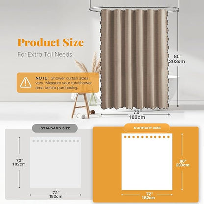 BTTN Long Shower Curtain, 80 Inch Boho Scalloped Linen Textured Heavy Duty Fabric Shower Curtain Set with 12 Hooks, Tall Rustic Farmhouse Waterproof Cloth Shower Curtain for Bathroom, 72x80, Tan/Taupe
