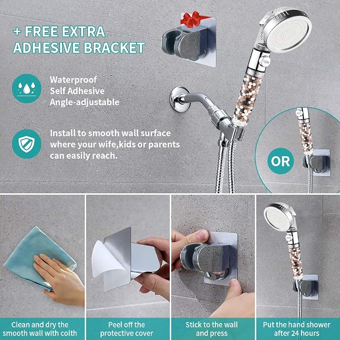 MIAOHUI Zenbody Shower Head with Filter Beads, Shut Off Button | 3 Modes Handheld Filtered Showerhead with On Off Switch, Shower Wand+Hose+Adjustable Bracket+Self-adhesive Holder