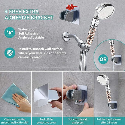 MIAOHUI Zenbody Shower Head with Filter Beads, Shut Off Button | 3 Modes Handheld Filtered Showerhead with On Off Switch, Shower Wand+Hose+Adjustable Bracket+Self-adhesive Holder
