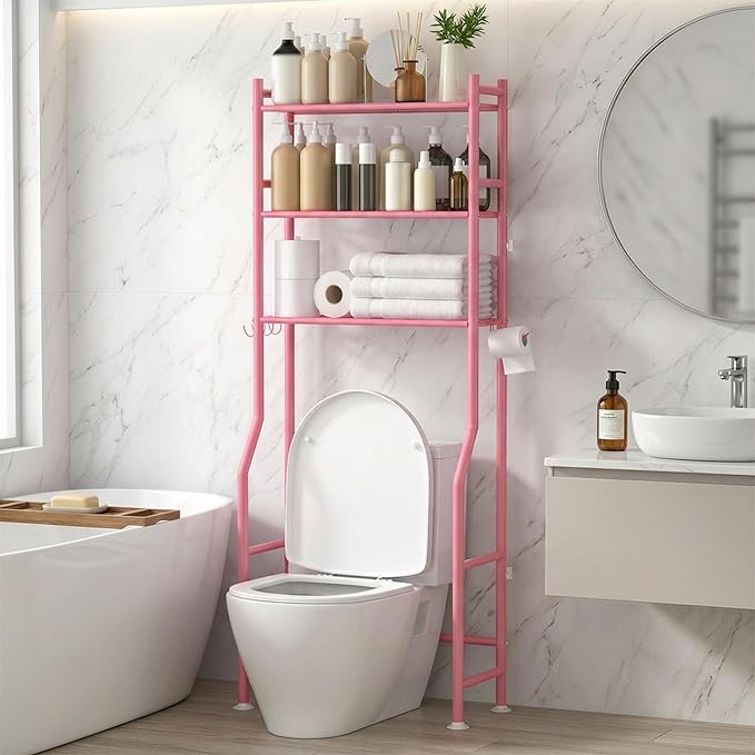 3-Tier Over Toilet Storage with Anti-Tilt Safety System - 150lb Total Capacity Metal Bathroom Shelves Including Paper Holder & 4 Hooks, Space Saving Above Commode Organizer (64" H, Pink)