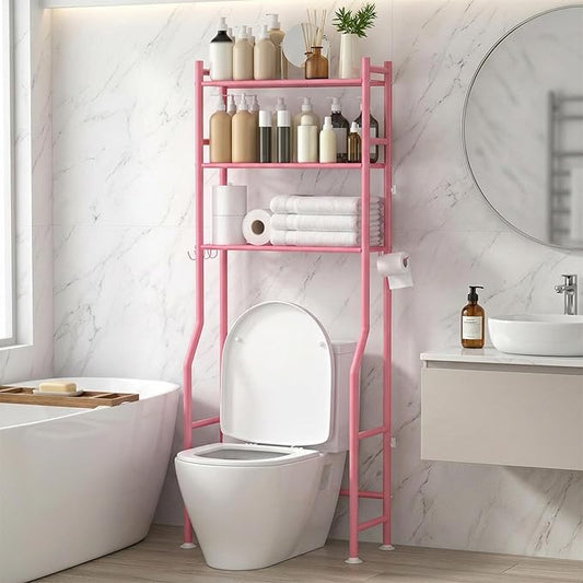 3-Tier Over Toilet Storage with Anti-Tilt Safety System - 150lb Total Capacity Metal Bathroom Shelves Including Paper Holder & 4 Hooks, Space Saving Above Commode Organizer (64" H, Pink)