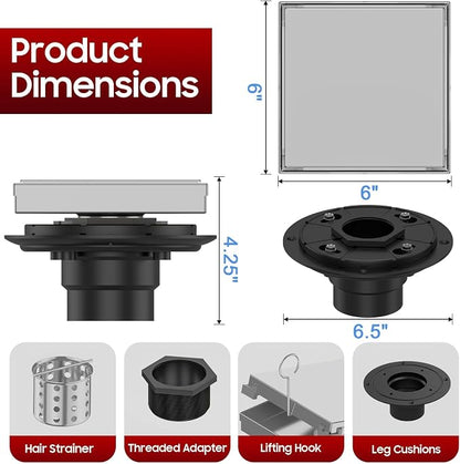 DLONE® Shower Drain | 6 Inch Brushed Nickel with Tile Insert Panel | Square Shower Drain, with Hair Catcher, Shower Floor Drain Fits Bathroom & Balcony etc