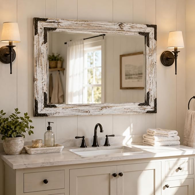 Distressed White 30x40 Inch Wood Bathroom Vanity Mirror, Rivets | Farmhouse style, layered whitewashed grain, larger vanities, dressers, dining areas and entry consoles