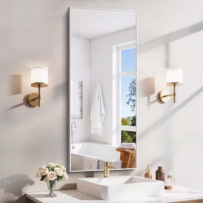 YIROMAN Bathroom Mirror 20"x48", Brushed Silver Bathroom Mirror for Over Sink with Aluminum Frame, Rectangular Vanity Mirror with Right Angles, Wall Mirror Hangs Horizontal or Vertical, Shatterproof
