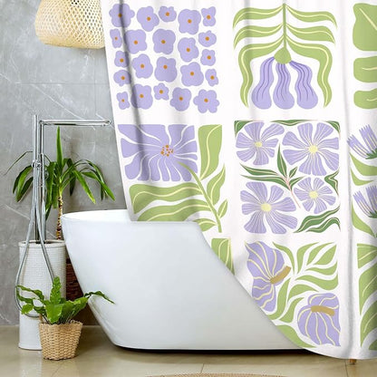 JAWO Cute Boho Floral Shower Curtain, Purple Green Abstract Floral Retro Aesthetic Shower Curtain for Bathroom, Funky Unique Waterproof Fabric Polyester Bath Curtains Decor with Hooks,70Wx70H