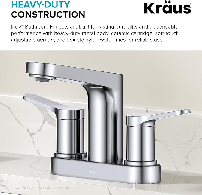 KRAUS Indy Centerset Bathroom Faucet in Chrome with 2 Handles, Pop Up Drain and Supply Lines, FUS14102CH