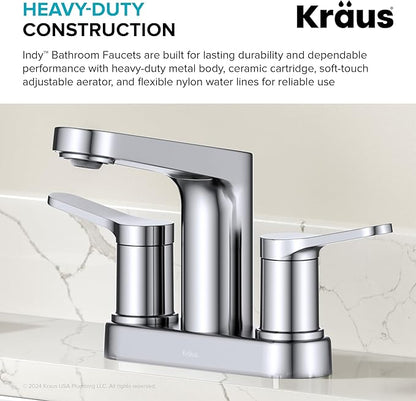 KRAUS Indy Centerset Bathroom Faucet in Chrome with 2 Handles, Pop Up Drain and Supply Lines, FUS14102CH