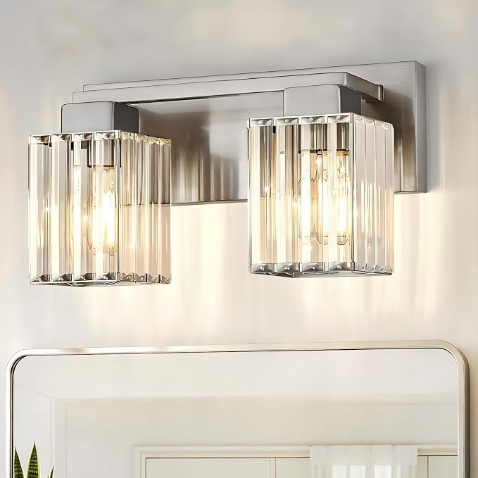 Brushed Nickel Bathroom Light Fixtures, 2-Light Vanity Light Over Mirror | Wall Sconces with Square Crystal Shades, E26 Socket, Modern Vanity Lights for Bathroom (Bulbs Not Included)