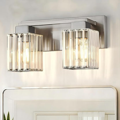 Brushed Nickel Bathroom Light Fixtures, 2-Light Vanity Light Over Mirror | Wall Sconces with Square Crystal Shades, E26 Socket, Modern Vanity Lights for Bathroom (Bulbs Not Included)