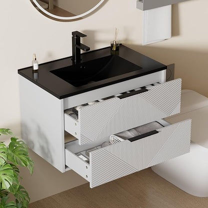 LUCKWIND 30" Floating Bathroom Vanity with Black Sink Combo, Wall Mounted Floating Cabinet with 2 Large Soft-Close Drawers & Water Saving Faucet, Geometric Textured Design in White