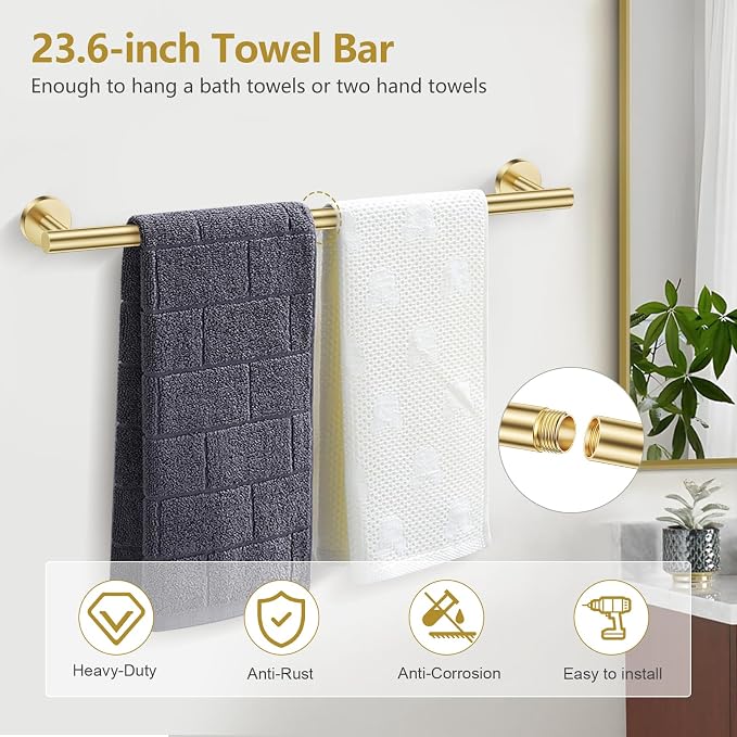 TQKAG 5 Piece Bathroom Hardware Set, Brushed Gold Bathroom Accessories | SUS304 Stainless Steel, 23.6" Brushed Gold Toilet Paper Holder with Shelf, Towel Racks for Bathroom Wall Mounted, Towel Bars