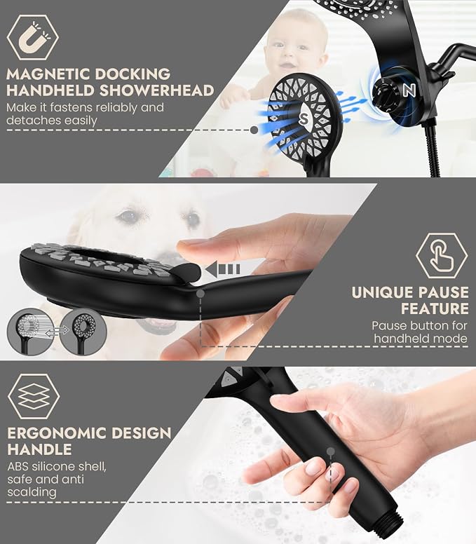 Dual Shower Heads with Handheld Spray Combo, High Pressure 2 in 1 Rainfall Shower Heads with 9 Spray Modes, Magnetic Double Showerhead-Black