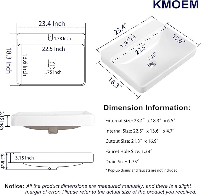 Vessel Sink 23"x18" Semi Recessed Bathroom Sink Drop-in White Bathroom Sink Porcelain Ceramic Modern Rectangular Sinks Drop-in Vanity Sinks with Overflow for Bathrooms