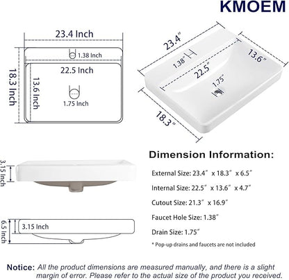 Vessel Sink 23"x18" Semi Recessed Bathroom Sink Drop-in White Bathroom Sink Porcelain Ceramic Modern Rectangular Sinks Drop-in Vanity Sinks with Overflow for Bathrooms