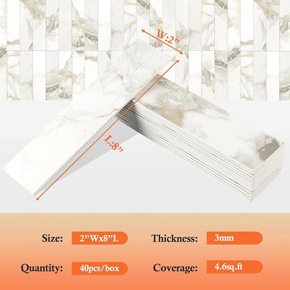 80-Piece Polished Marble Thick PVC Peel and Stick Backsplash, 2" x 8" Waterproof Subway Tile Peel and Stick Wall Tiles for Kitchen and Bathroom