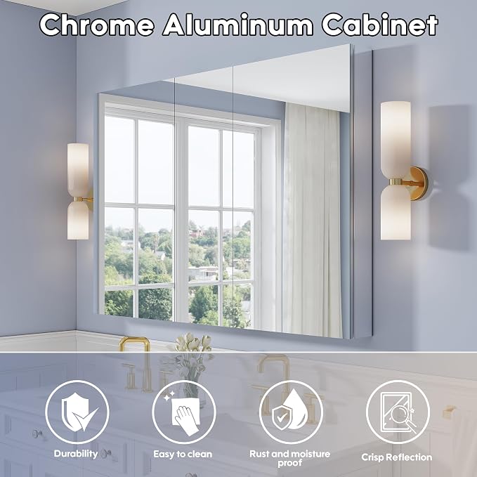 52" x 36" Bathroom Medicine Cabinet with Mirror, Anodized Chrome Aluminum Frame, Surface Mount or Recessed Medicine Cabinet with Mirror, Bathroom Mirror with Storage, Three Doors