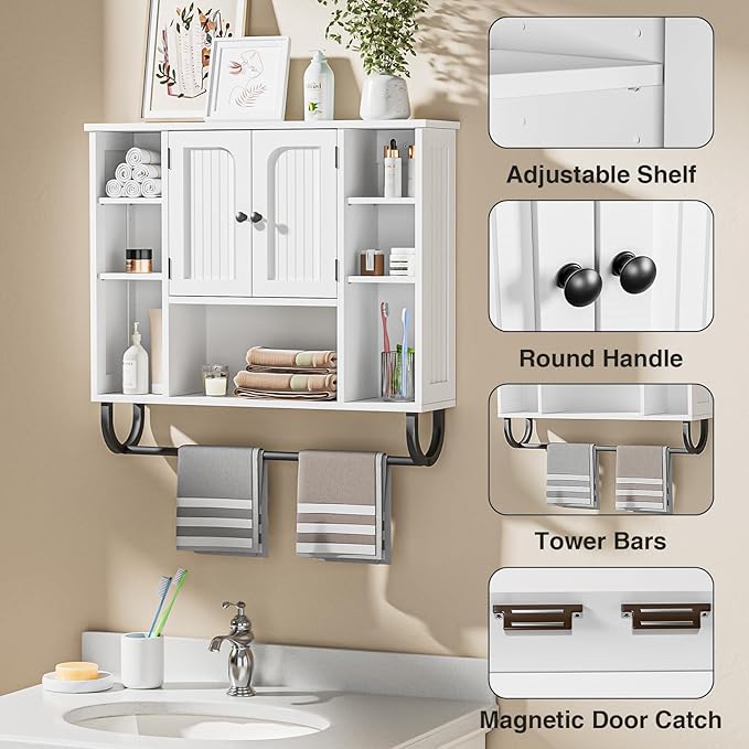 31.5'' White Bathroom Wall Cabinet - Medicine Cabinet with Adjustable Shelves & Doors, Over The Toilet Storage for Bathroom, Wall Mounted Organizer for Laundry Room Kitchen Living Room