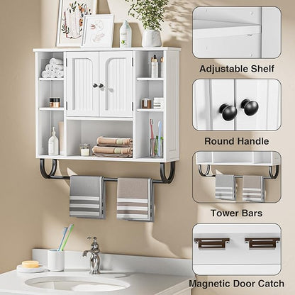 31.5'' White Bathroom Wall Cabinet - Medicine Cabinet with Adjustable Shelves & Doors, Over The Toilet Storage for Bathroom, Wall Mounted Organizer for Laundry Room Kitchen Living Room