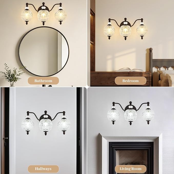 Vintage Bathroom Vanity Light, 3-Light Mid Century Oil Rubbed Bronze Finish Wall Sconce with Globe Glass Shades, Retro Mirror Light for Bathroom, Powder Room