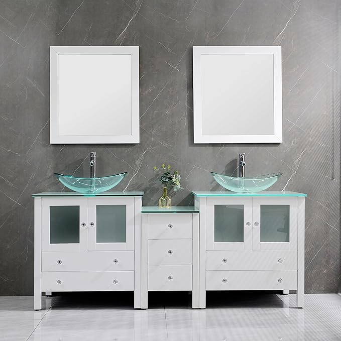 76" Freestanding Wooden Modern Bathroom Vanity with Double Vessel Sink Set Bathroom Mirror Included (Clear Sink White)