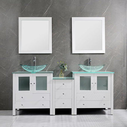 76" Freestanding Wooden Modern Bathroom Vanity with Double Vessel Sink Set Bathroom Mirror Included (Clear Sink White)