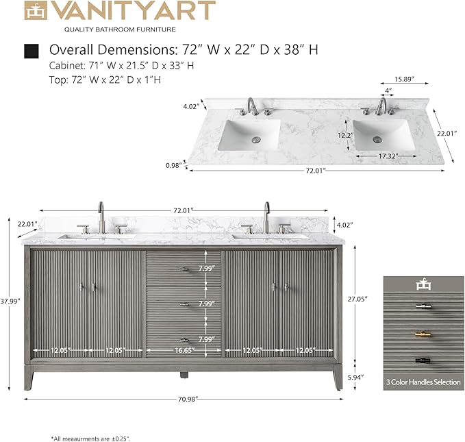 Vanity Art 72" Bathroom Vanity with Double Sink & Arabescato White Engineered Stone Top, Vanity Cabinet with Soft Closing Door, Solid Wood Frame, Golden Brushed Handles, Driftwood Gray VA8172D-DG-GB