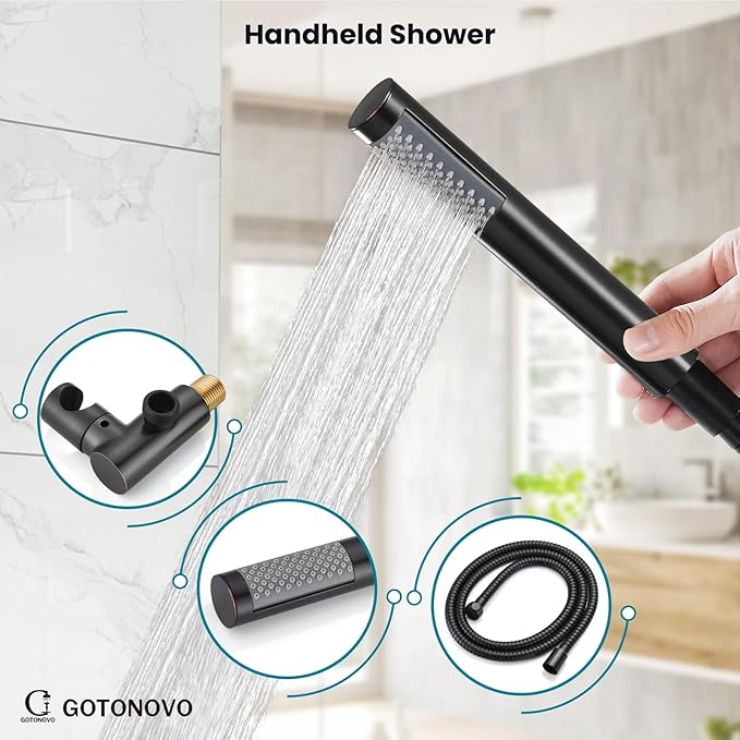 gotonovo Shower System 10 Inch Round Rainfall Showerhead Wall Mounted High Pressure Shower Faucet Set Fixture Combo with Rough in Valve and Cylindrical Handheld Spray, Oil Rubbed Bronze