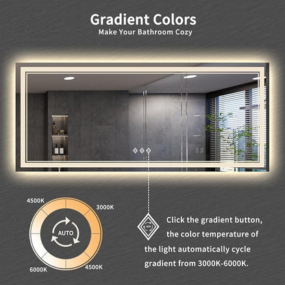 Bathroom Mirrors for Wall, 88x38 Inch Gradient Front and Backlight Big Lighted Mirror, 3 Colors Dimmable CRI>90 Double Lights, IP54 Enhanced Anti-Fog, LED Mirror for Bathroom