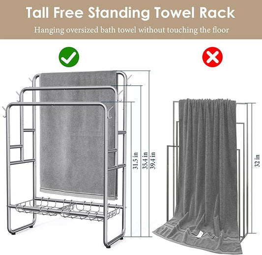 Kayfia 40" H Towel Rack Freestanding, 3-Tier Bath Towel Holder Stand with Storage Baskets & Hooks, Blanket Drying and Display Rack for Oversized Bath Towels, Metal Towel Rack Stand Indoor Outdoor
