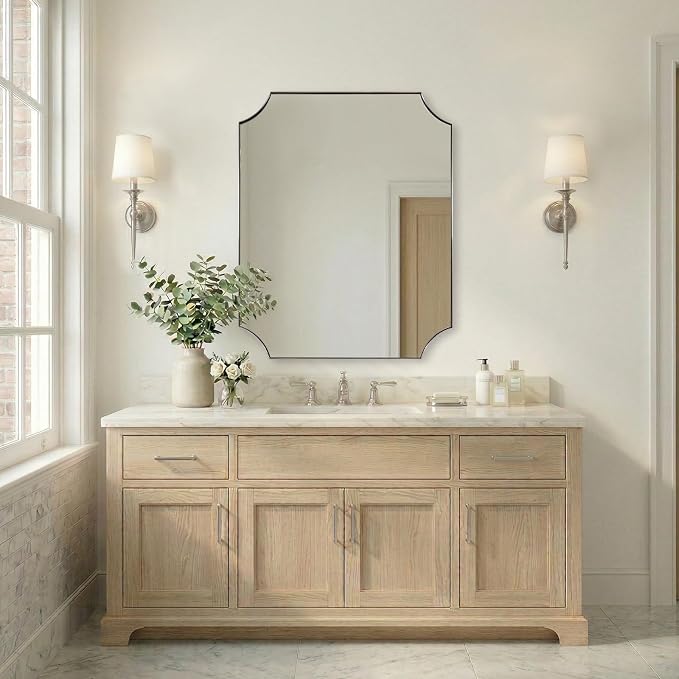 Scalloped 32"x40" Brushed Nickel Wall Mounted Mirror | Anti-Rust Stainless Steel Frame 1" Deep, Notched Corner Design, Horizontal & Vertical Mount, Contemporary Home Aesthetic
