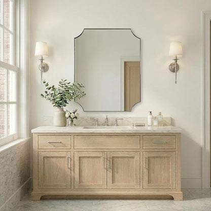 Scalloped 32"x40" Brushed Nickel Wall Mounted Mirror | Anti-Rust Stainless Steel Frame 1" Deep, Notched Corner Design, Horizontal & Vertical Mount, Contemporary Home Aesthetic