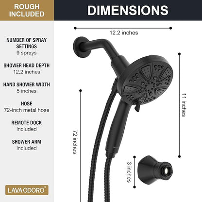 Handheld Shower Head with Magnetic Docking System | 9-Function High Pressure Detachable Shower Head, 5-inch Showerhead with 72 Inch Hose, Remote Dock, Matte Black, SH180-MB-D