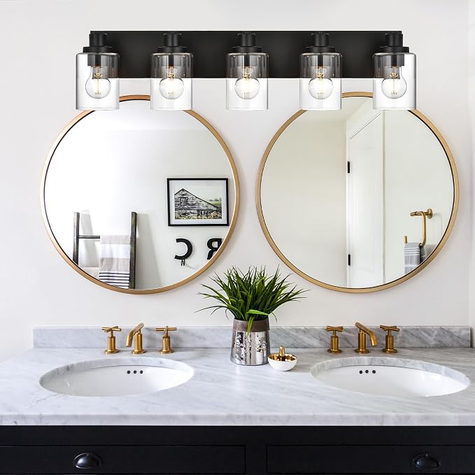 5 Light Bathroom Vanity Lights, Bathroom Lighting Fixtures over Mirror with Clear Glass Shades, Black Vanity Light For Bathoom, Modern Wall Sconces Vanity Lighting Fixture for Bathroom Hallway