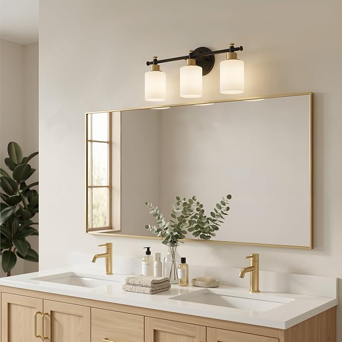 3 Light Bathroom Vanity Light, Black and Gold Vanity Lights for Bathroom | Vanity Light Fixture Over Mirror, Modern Wall Sconce with Milky White Glass Shade, 17.5 In, E26(Bulbs Not Included)
