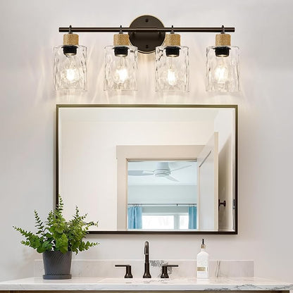 Bathroom Light Fixtures, 4-Light Coastal Vanity Lights with Crystal Glass Shade, Oil-Rubbed Bronze Bathroom Wall Lamp for Mirror Kitchen Hallway Cabinet