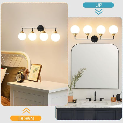 Black Gold Bathroom Light Fixtures Over Mirror Vanity 4-Light | Mid Century Modern Matte Black Gold Wall Sconce with Milky White Glass Ball Shades for for Bathroom Dressing Table Bedroom