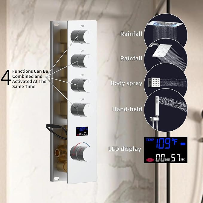 16X26 inch Rainfall Shower System Chrome Shower Faucet Set | Temperature Display Shower Faucet with 6 Body Jet, 8 inch Wall Mounted Shower Head and Handheld Set
