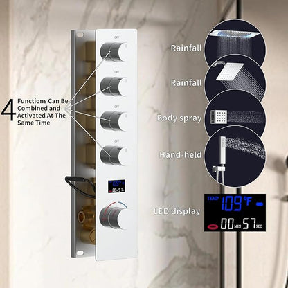 16X26 inch Rainfall Shower System Chrome Shower Faucet Set | Temperature Display Shower Faucet with 6 Body Jet, 8 inch Wall Mounted Shower Head and Handheld Set