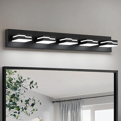LED Modern Bathroom Vanity Light Fixtures 5-Light, 32 inch Dimmable Matte Black Vanity Lights for Bathroom Lighting Fixtures Over Mirror, with 350°Rotatable Acrylic Heads(White Light 5500K)