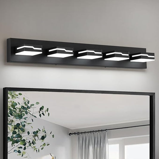 LED Modern Bathroom Vanity Light Fixtures 5-Light, 32 inch Dimmable Matte Black Vanity Lights for Bathroom Lighting Fixtures Over Mirror, with 350°Rotatable Acrylic Heads(White Light 5500K)