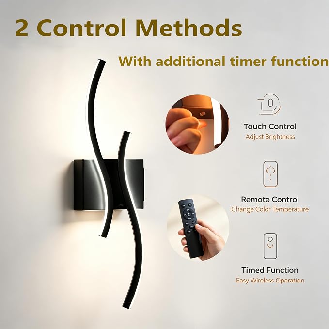 Battery Operated USB Rechargeable Wall Sconce, Black Dimmable LED | Wireless Wall Light with Remote Control, 10000mAh, 3000K-6000K, Minimalist, For Bedroom Hallway Background Staircase, 1 Pack