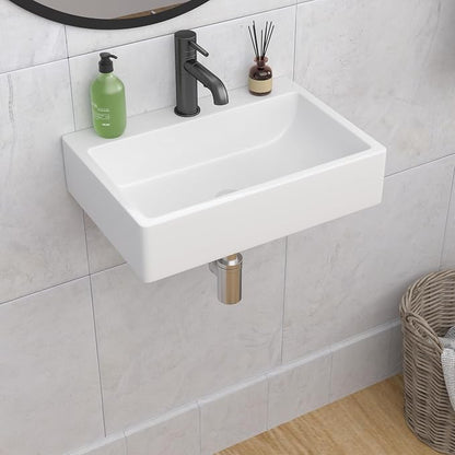 Wall Mount Bathroom Sink 20"x14" Floating Vessel Sink | Rectangle Bathroom Sink Vessel Sink For Bathroom Ceramic White Wall Mount Sink for Rvs, Restroom, Toilet