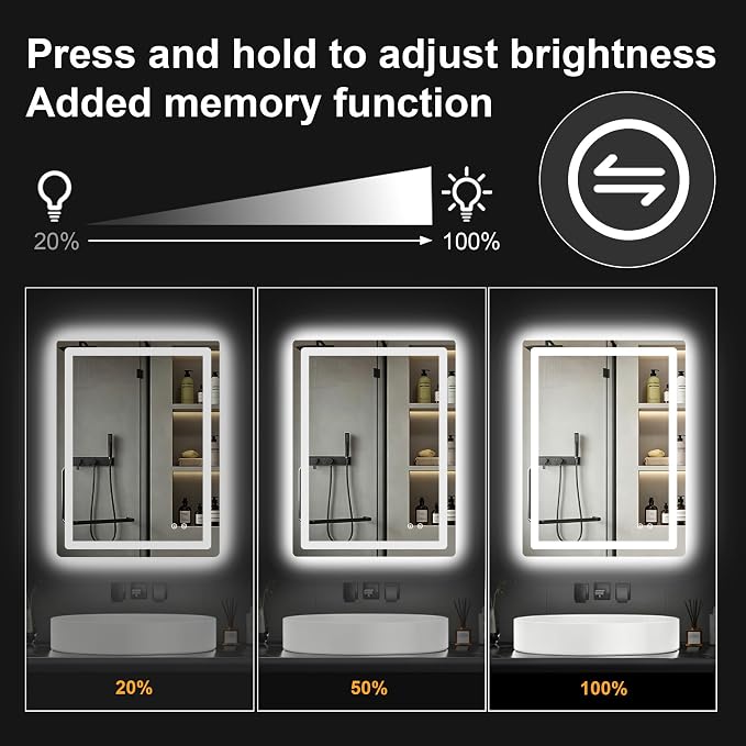 LED Bathroom Mirror with Lights, 24 x 32 Lighted Vanity Wall Mirror | Backlit and Frontlit, Anti-Fog, Dimmable 3 Colors, Shatter-Proof Tempered Glass, Memory Function, Plug-in/Hardwired