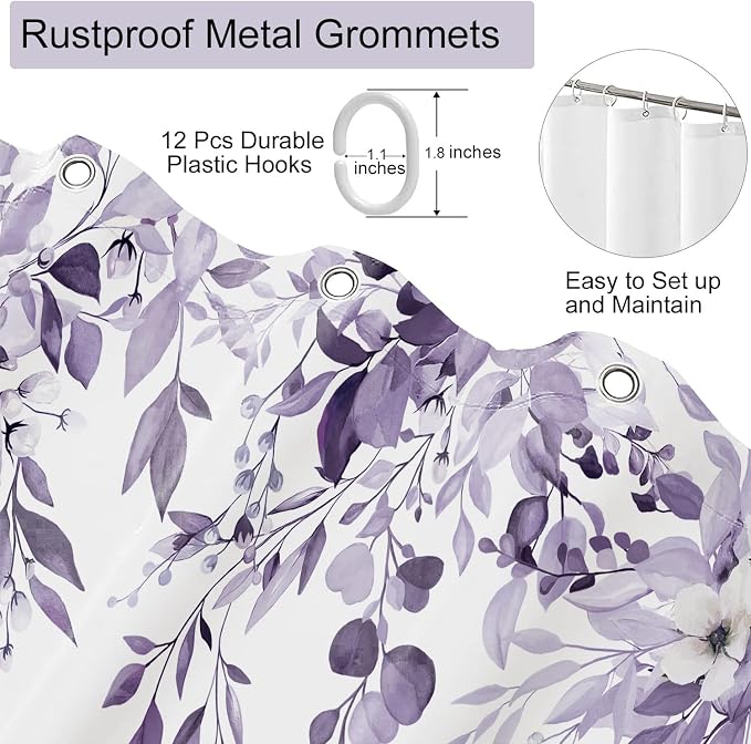 Light Purple Floral Eucalyptus Shower Curtain with Hooks, 72x72 Inch