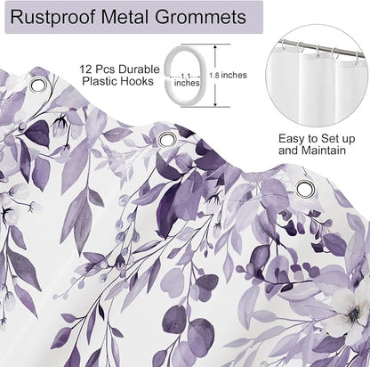 Light Purple Floral Eucalyptus Shower Curtain with Hooks, 72x84 Inch